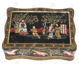 Vintage Teedose in Schwarz, Rot und Gold mit orientalischen Bildern