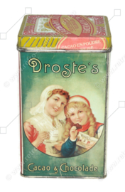 Vierkant vintage cacaoblik met los oversluitdeksel, "Droste's Cacao", Twee Haarlemse Meisjes