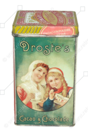 Lata de cacao vintage cuadrada con tapa suelta, "Droste's Cacao", Dos chicas de Haarlem