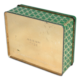 Green rectangular tin, "Assam tea", Indian tea drinking ladies on the lid.