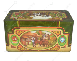 Boîte vintage pour thé Pickwick de Douwe Egberts avec une image d'une calèche ou d'une calèche avec des chevaux et une auberge