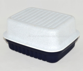 Servidor de crackers Tupperware vintage en azul oscuro y blanco con motas