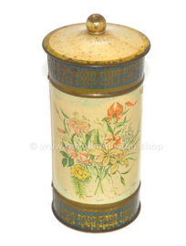 Cylindrical tin for cookies or biscuits made by Victoria decorated with flower pattern
