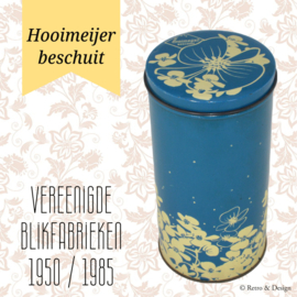 Vintage blikken Hooimeijer beschuitbus in blauw met witte bloemen