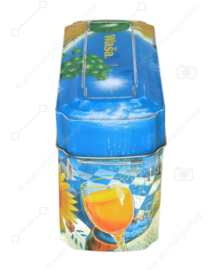 Orange and blue tin box for Wasa Crackers with images of a rooster, bee, sunflower, grain and fruit