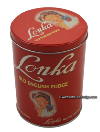 Round retro Lonka candy tin, old English fudge