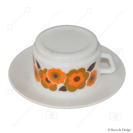 Arcopal Lotus soup bowl in orange/brown floral pattern + saucer