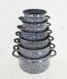 Brocante set of six gray cloudy enamel pans with lid