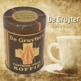 Vintage rond koffieblik met los deksel, "De Gruyter's coffeïne-vrije koffie", bruin en crémekleurig