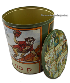 Large vintage round storage tin "Aap, Noot, Mies"