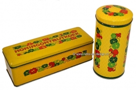 Vintage set Verkade honingontbijtkoekblik en beschuitbus Oost-Indische kers