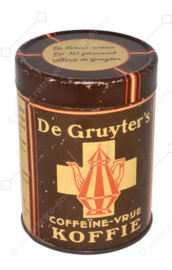 Vintage rond koffieblik met los deksel, "De Gruyter's coffeïne-vrije koffie", bruin en crémekleurig