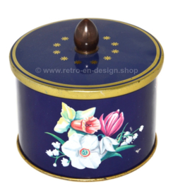 Bote de hojalata vintage con pomo y decoración floral de narcisos, lirios y mariposas de Côte d'Or