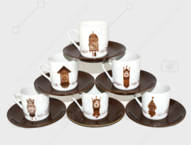 Complete set of six different cups and saucers of the Nutroma clock service by Mitterteich Porzellan