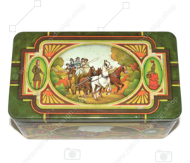 Boîte vintage pour thé Pickwick de Douwe Egberts avec une image d'une calèche ou d'une calèche avec des chevaux et une auberge