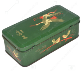 Vintage blikken theetrommel voor DE GRUYTER met oosters vogeldecor in groen