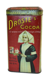 Lata cuadrada con tapa abatible, "Cacao de Droste", en rojo y azul claro