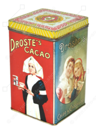 Vierkant vintage cacaoblik met los deksel, "Droste's Cacao", Twee Haarlemse Meisjes