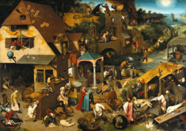 Rectangular vintage DBF tin with painting "Netherlandish proverbs" by Pieter Brueghel