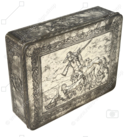 Beautiful large brocante tin with a hunting scene on the hinged lid