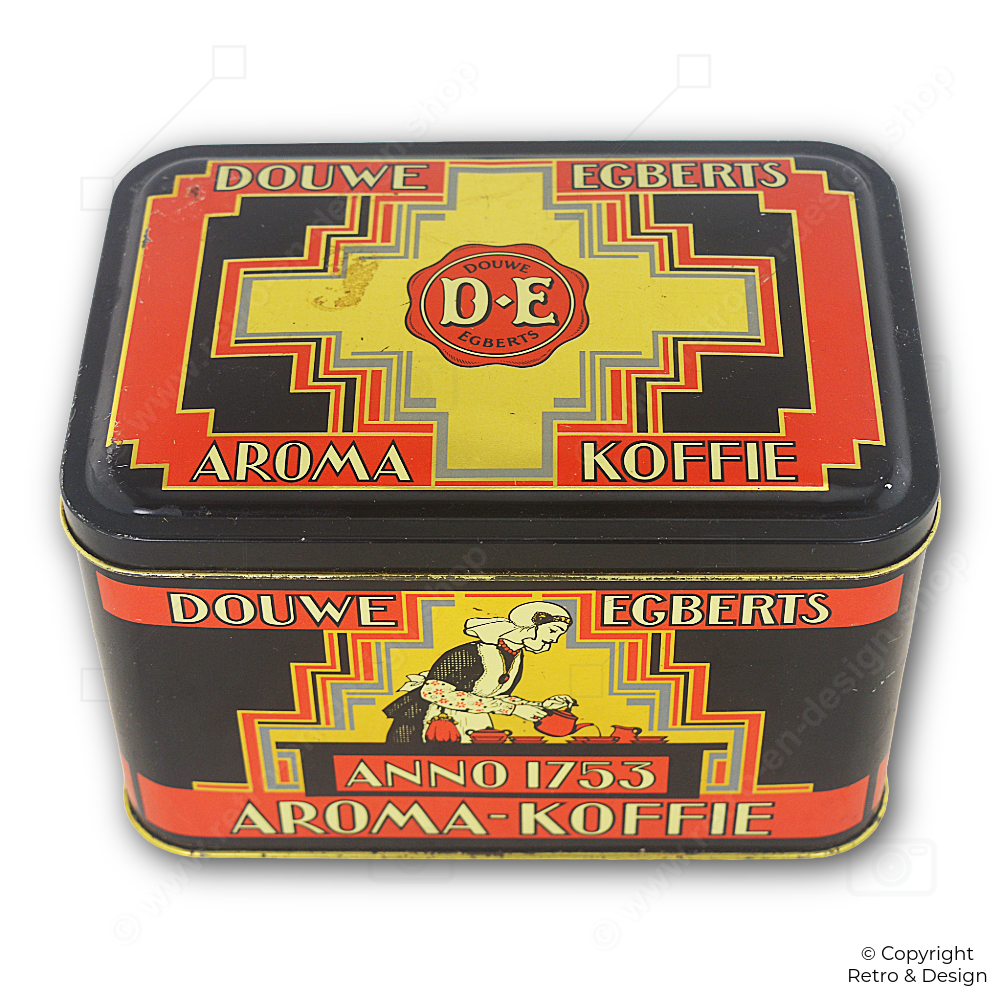 Lata de café Aroma y caja de puntos Douwe Egberts vintage – Diseño Art Déco (1989)