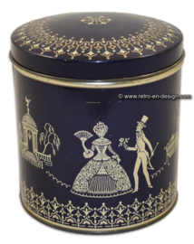 Tambor de lata azul redondo vintage, época victoriana