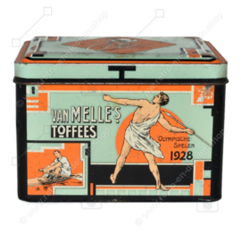 Rechthoekige vintage blikken trommel voor toffees van Van Melle "Olympische Spelen 1928"