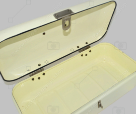 Brocante enamel bread bin in cream white with handle and clip closure