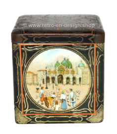 Boîte à cacao vintage carrée en forme de cube avec des images de Venise pour C.J. VAN HOUTEN