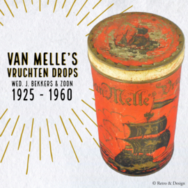 Red tall tin canister depicting sailing ships for VAN MELLE Fruit Drops