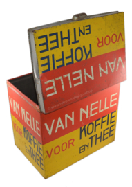 Large rectangular Van Nelle storage tin for coffee and tea in yellow-red-blue