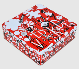 Quadratische Keksdose 125 Jahre Verkade in Rot, Weiß und Schwarz komplett mit Spiel