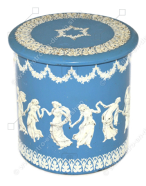 Vintage Wedgwood Jasperware style tin in blue and white with dancing Greek muses