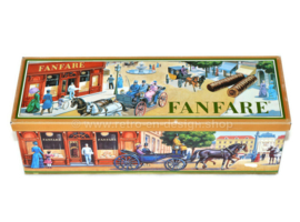 Nostalgic vintage rectangular tin for Fanfare chocolate