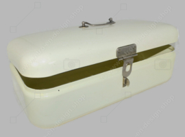 Brocante enamel bread bin in cream white with handle and clip closure