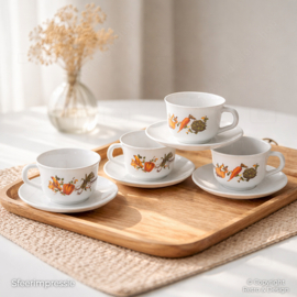 Arcopal Juego de 4 Tazas de Café con Platillos – Decorado Vegetal – Vintage Francia Años 70