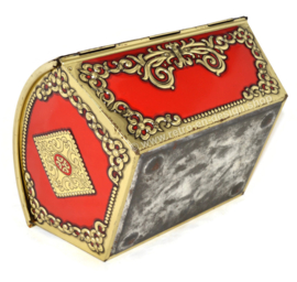 Large vintage red tin box with gold coloured details