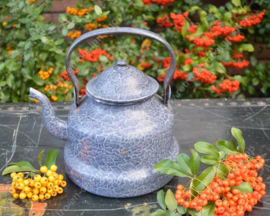 Grey cloudy, enamelled brocante water kettle with handle