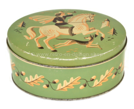 Oval biscuit tin by Verkade Zaandam with horse, rider, hunting dog and tendril of oak leaf with acorns