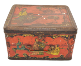 Vintage tin drum with Japanese scenes