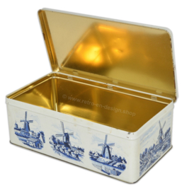 Vintage rectangular tin with various windmills in Delft blue / white