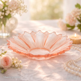 Vintage glazen schaal – peach / roze – bloemvorm – Ø 19,5 cm