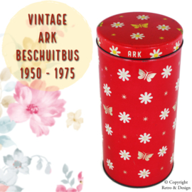 "Vintage Red ARK Cracker Tin with Flowers and Butterflies: Timeless Beauty and Bakery History"