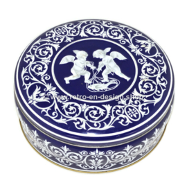 Round blue and white biscuit tin with cherubs, chubby child figure with wings
