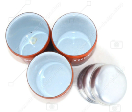 Brocante set orange/brown enamel storage containers for coffee, sugar and tea