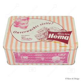 Pink retro tin for biscuits by Hema with pictures of the shop's interior