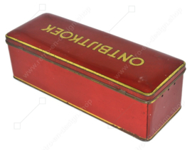 Rectangular vintage red tin cookie jar with gold-coloured details for ONTBIJTKOEK