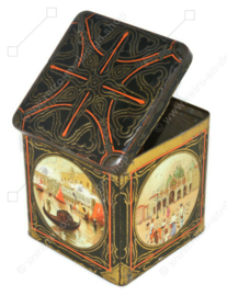 Square vintage cocoa tin in cube shape with images of Venice for C.J. VAN HOUTEN