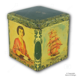 Vintage grüne Co-op-Teedose in Würfelform mit goldenen Verzierungen (1930–1950)