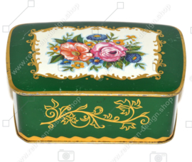 Vintage green tin with gold decorations and roses on the lid, container made in Germany